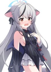  1girl absurdres animal_ears black_dress black_hair blue_archive blush breasts brown_eyes commentary_request dress grey_hair halo hand_on_own_chest highres jacket kokona_(blue_archive) long_hair looking_at_viewer multicolored_hair off_shoulder open_mouth sideboob small_breasts streaked_hair striped_clothes striped_dress very_long_hair waterappliance white_background 