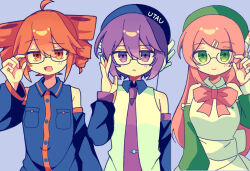  3girls adjusting_eyewear ahoge bespectacled breast_pocket closed_mouth detached_sleeves drill_hair glasses green_eyes green_hat hat kasane_teto kasane_teto_(utau) long_hair long_sleeves looking_at_viewer momone_momo multiple_girls necktie open_mouth pink_hair pocket purple_hair purple_necktie red_eyes red_hair shirt short_hair sleeveless sleeveless_shirt smile twin_drills upper_body user_gjzp7582 utane_uta utau violet_eyes 
