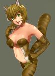  animal_ears bad_id breasts brown_hair fang fur green_eyes grey_background kitten_(monster_farm) monster_farm monster_girl navel short_hair simple_background solo tail tkln tongue tongue_out 