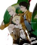  1girl 2boys annie_leonhardt belt bertholt_fubar black_hair blonde_hair blue_eyes flag jacket koku_666 long_hair multiple_boys reiner_braun shingeki_no_kyojin short_hair thigh_strap 