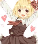  ascot blonde_hair hair_ribbon happy heart open_mouth outstretched_arms red_eyes ribbon rumia senju_(uroakono) shirt short_hair simple_background skirt smile solo touhou vest white_background youkai 