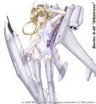  1girl ahoge airplane armpits beriev_a-40 blonde_hair blue_eyes character_name china_dress chinese_clothes flying_boat jet jet_engine long_hair mecha_musume military original panties short_dress simple_background solo soviet underwear white_background 