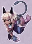  animal_ears bangs bare_shoulders barefoot bent_over blue_eyes blunt_bangs breasts cat_ears cat_tail choker citolo claws collar dark_skin fingerless_gloves fingernails frown gloves jumping long_fingernails nadia_fortune pouches purple_background scar serious short_hair skullgirls sleeveless solo tail toned white_hair 