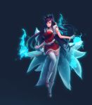  ahri animal_ears black_hair boots fire fox_ears fox_tail foxtail hat league_of_legends long_hair multiple_tails sash solo tail thigh-highs thighhighs yellow_eyes 