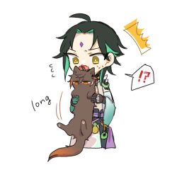 !? 1boy ahoge animal animal_with_hair animalization cat commentary_request english_text facial_mark forehead_mark genshin_impact gloves green_hair highres holding jewelry longcat_(meme) meme multicolored_hair nasuka_gee necklace short_hair simple_background surprised white_background xiao_(genshin_impact) yellow_eyes zhongli_(genshin_impact) 