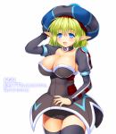  :d asamura_hiori black_legwear blonde_hair blue_eyes breasts character_request choker cleavage detached_sleeves fang fonewearl hat highres large_breasts long_pointy_ears long_sleeves looking_at_viewer open_mouth phantasy_star phantasy_star_online phantasy_star_online_font pointy_ears puffy_sleeves smile thigh-highs thighhighs white_background zettai_ryouiki 
