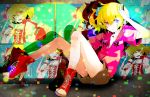  blonde_hair high_heels hoodie hoshima kisaragi_attention_(vocaloid) kisaragi_momo legs looking_at_viewer red_eyes shoes short_hair side_ponytail sitting vocaloid 