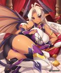  ass bare_shoulders blonde_hair blush boots breasts camulia copyright_notice dark_skin demon_girl demon_tail gloves high_heels horns huge_breasts kamyuria large_breasts long_hair looking_at_viewer lying mel/a on_side panties pointy_ears purple_eyes purple_panties shingeki_no_bahamut shoes smile tail taut_shirt thigh-highs thigh_boots thighhighs underwear violet_eyes watermark wings 