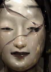  1girl black_eyes black_hair broken_mask close-up cracked_mask hatena_(nazequestion) ko-omote_mask looking_to_the_side mask noh_mask original solo 