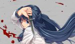  blood blue_eyes blue_hair dagger gonoike_biwa hair_ornament long_hair school_uniform serafuku smile suzumiya_haruhi_no_yuuutsu weapon 