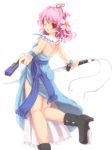  adapted_costume ass back bare_shoulders boots breasts closed_fan dress fan flower folding_fan hair_flower hair_ornament katana minnku no_hat no_headwear open_mouth pink_eyes pink_hair saigyouji_yuyuko short_hair smile solo sword touhou triangular_headpiece weapon wink 