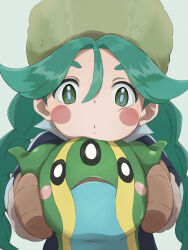  1girl blush_stickers braid braided_twintails brown_mittens commentary_request gastrodon green_eyes green_hair hair_between_eyes hat highres itsudzumi mittens pokemon pokemon_(creature) pokemon_legends:_arceus sabi_(pokemon) simple_background thick_eyebrows twintails upper_body ushanka white_background 