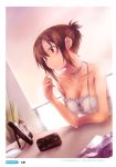  bare_shoulders breasts brown_eyes brown_hair camera camisole cat choker cleavage collarbone color_issue copyright_request face hands highres hologram nanakusa off_shoulder ponytail scan solo strap_slip 