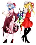  ascot bat_wings black_legwear blonde_hair blue_hair flandre_scarlet hat high_heels long_hair multiple_girls pantyhose red_eyes remilia_scarlet shoes short_hair siblings side_ponytail simple_background sisters skirt skirt_set smkd2 touhou white_background wings wrist_cuffs 