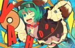  1girl ;d animal_ears aqua_eyes bad_id black_legwear earrings goggles goggles_on_head green_hair hammer holding jewelry kasodani_kyouko megaphone ogino_(oginogino) open_mouth ring skirt smile solo tail thigh-highs thighhighs touhou wink 