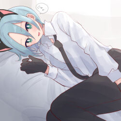  1girl animal_ear_hairband animal_ears black_gloves black_necktie black_pants blue_hair cat_ear_hairband cat_ears commentary_request fake_animal_ears flat_chest gloves green_eyes hairband hotpan lying necktie nezu_tsuru on_side open_mouth original pants smile solo translation_request 