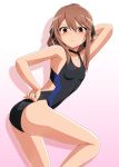 arm_up armpits blush brown_eyes brown_hair flat_chest hand_on_hip long_hair looking_at_viewer one-piece_swimsuit one_arm_raised ookami-san ookami_ryouko shadow shirosame solo swimsuit 
