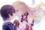  1girl blonde_hair breasts brown_hair cleavage couple feathers gloves jude_mathis kai_aki long_hair milla_maxwell pink_eyes red_eyes tales_of_(series) tales_of_xillia title_drop 
