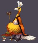  bird claws clothed_pokemon grey_background ho-oh holding no_humans pmd-explorers pokemon pokemon_(creature) purplekecleon quill ralts shiny_pokemon simple_background size_difference standing writing 