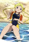  absurdres beach blonde_hair blue_eyes braid competition_swimsuit d: double_bun flower gruier_serenity hair_flower hair_ornament highres legs long_hair miniskirt_pirates nyantype official_art one-piece_swimsuit open_mouth quad_braids scan solo swimsuit twintails very_long_hair water wet 