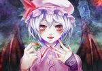  blood bust face fangs hands hat highres iroai_midodo red_eyes remilia_scarlet short_hair solo touhou 