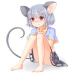  animal_ears bare_legs barefoot blush bow capelet censored convenient_censoring grey_hair hands_on_knees koza mouse_ears mouse_tail nazrin no_shirt red_eyes short_hair sitting skirt solo tail touhou 