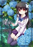  baabu bad_id black_hair black_legwear blush bowtie cat flower hair_flower hair_ornament hydrangea long_hair nekosugiayana red_eyes sanka_rea sankarea school_uniform serafuku sitting skirt smile solo thigh-highs thighhighs zettai_ryouiki zombie 