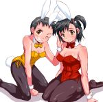  animal_ears black_hair bowtie breasts brown_eyes bunny_ears bunny_tail bunnysuit character_request cleavage detached_collar hanza_sky multiple_girls pantyhose rabbit_ears short_hair side_ponytail sitting tail takashi_(sgcm-pk-sk) wariza wrist_cuffs 