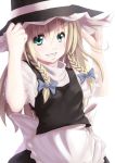  alternate_hairstyle apron blonde_hair braid canae0 green_eyes grin hair_ribbon hands_on_hat hat hat_ribbon kirisame_marisa long_hair ribbon shirt skirt skirt_set smile solo touhou twin_braids waist_apron witch witch_hat 