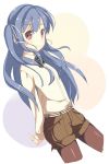  arms_behind_back blue_hair cropped_legs hair_ribbon highres jougen legwear_under_shorts long_hair looking_at_viewer original pantyhose red_eyes ribbon shorts simple_background smile solo two_side_up white_background 
