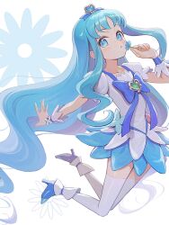  1girl blue_bow blue_dress blue_eyes blue_flower blue_hair blue_shoes blue_wrist_cuffs bow brooch commentary cure_marine dress dress_bow flower full_body hair_bow heart heart_brooch heartcatch_precure! highres holding holding_flower jewelry kurumi_erika long_hair long_sidelocks looking_at_viewer magical_girl parted_lips precure puffy_short_sleeves puffy_sleeves shoes short_sleeves sidelocks solo thigh-highs two-tone_dress untranslatable_commentary very_long_hair very_long_sidelocks white_background white_bow white_dress white_thighhighs wrist_cuffs yuzu_sato 