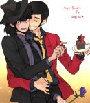  arsene_lupin_iii bad_id beard black_hair cake facial_hair flower food hat jigen_daisuke lupin_iii male multiple_boys necktie rose short_hair toujou_sakana yaoi 