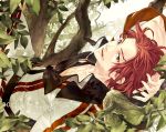  2012 coat dated gensou_suikoden gensou_suikoden_ii in_tree kaburaya leaf male red_eyes red_hair redhead seed_(suikoden) smile solo tree 