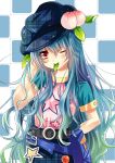  absurdres alternate_costume belt blue_hair checkered checkered_background food fruit hat highres hinanawi_tenshi jiji_(381134808) leaf long_hair mouth_hold peach pouch red_eyes smile solo star touhou wink 