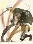  1boy 3dmg ascot belt boots brown_hair cape elfegg jacket levi_(shingeki_no_kyojin) shingeki_no_kyojin solo sword weapon wire 