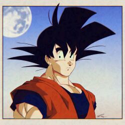  1boy absurdres black_hair burntsenzubeans commentary dragon_ball dragon_ball_super dragon_ball_z english_commentary highres looking_at_viewer male_focus moon muscular muscular_male orange_shirt saiyan self-upload shirt solo son_goku spiky_hair 
