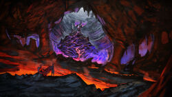  1boy absurdres arm_spikes cape cave cave_interior commentary_request confrontation dragon dragon_tail dragon_wings faceless faceless_male fantasy fire floating_cape full_body glowing glowing_eyes glowing_markings glowing_mouth gradient_wings highres holding holding_polearm holding_weapon hood hood_down hooded_cape ikasamahideo imminent_fight lava light_rays looking_at_another monster multicolored_wings original outdoors pink_eyes pink_wings polearm purple_fire purple_wings red_cape rock scenery smoke spikes stalactite stalagmite sunbeam sunlight tail torn_cape torn_clothes two-tone_wings weapon western_dragon wide_shot wings 