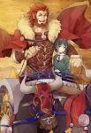  androgynous armor beard black_hair bull cape chariot facial_hair fate/zero fate_(series) gordius_wheel highres icemeko male multiple_boys red_eyes red_hair redhead rider_(fate/zero) size_difference waver_velvet 