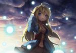  :o ahoge armais_(me-chan337) backlighting blonde_hair blue_eyes breasts cloud clouds corset dress from_below hair_flip jacket light_particles long_hair neck_ribbon open_mouth original parted_lips ribbon solo twilight very_long_hair wide_sleeves 