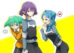  2boys alpha_(inazuma_eleven) beta_(inazuma_eleven) blue_hair citron_82 fei_rune green_eyes green_hair headset heart hiding inazuma_eleven inazuma_eleven_(series) inazuma_eleven_go inazuma_eleven_go_chrono_stone long_hair multiple_boys open_mouth protocol_omega purple_eyes purple_hair short_hair sweatdrop twintails violet_eyes 