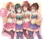  ;d amasaki_aoi black_hair black_legwear blush breasts brown_hair cheerleader crop_top e20 glasses green_eyes green_hair hand_on_hip hips hits holding houzumi_kaede houzumi_satsuki kikuhara_komugi large_breasts leg_up midriff mound_of_venus multiple_girls navel open_mouth original pom_poms ponytail red_eyes shiny shiny_skin skirt smile sweatdrop thigh-highs thighhighs wink 