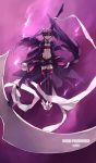  absurdres aisha_(elsword) artist_name bandeau boots character_name detached_sleeves elsword expressionless highres huge_weapon long_hair midriff navel purple purple_background purple_eyes purple_hair purple_legwear scythe solo swd3e2 thigh-highs thigh_boots thighhighs twintails violet_eyes weapon 