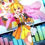  bad_id belt blonde_hair bow citron_82 detached_sleeves dutch_angle frills hair_bow kisaragi_attention_(vocaloid) kisaragi_momo looking_at_viewer open_mouth pointing pointing_at_viewer red_eyes short_hair side_ponytail vocaloid zoom_layer 