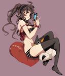 bare_shoulders bird black_legwear bra breasts brown_hair cellphone copyright_request headphones heart highres long_hair panties penguin penguin_caee phone pillow red_eyes solo striped striped_bra striped_panties striped_underwear thigh-highs thighhighs twintails underwear 