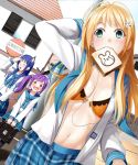  blonde_hair blue_hair blush bra breasts cleavage digital_media_player earphones hair_ornament ipod ipod_nano kinugasa_yuuichi long_hair mouth_hold multiple_girls navel open_bra open_clothes open_shirt original purple_hair school_uniform serafuku side_ponytail underwear unzipped zipper 