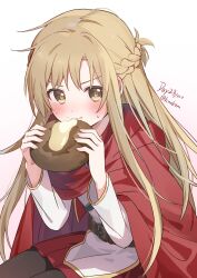  1girl :t asuna_(sao) belt black_belt black_pantyhose blonde_hair blush cape closed_mouth eating food food_request highres holding holding_food knokzm long_hair looking_at_viewer miniskirt pantyhose red_cape red_skirt shirt sidelocks sitting skirt solo sword_art_online white_shirt yellow_eyes 