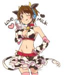  :p animal_ears bell bell_collar bottle breasts brown_eyes brown_hair cleavage collar cow_bell cow_ears cow_horns cow_print cow_tail detached-sleeves detached_sleeves elbow_gloves gloves hand_on_hip headset highres hips horns idolmaster idolmaster_cinderella_girls large_breasts milk navel nekoyanagi_moyo oikawa_shizuku pink_legwear short_hair simple_background solo tail tongue white_background wink 