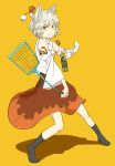  :&lt; animal_ears bare_shoulders can detached_sleeves dog_ears flyswatter hat hat_removed headwear_removed highres holding inubashiri_momiji kahasina kawashina_(momen_silicon) racket red_eyes silver_hair solo spray_can tears tokin_hat touhou yellow_background 