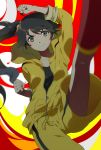  araragi_karen black_eyes black_hair harano hooded_track_jacket hoodie kicking long_hair looking_at_viewer monogatari_(series) nisemonogatari ponytail side_ponytail sleeves_rolled_up smile solo track_jacket zipper 