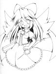  bow cape hair_bow highres ink_(medium) long_hair looking_at_viewer monochrome open_mouth reiuji_utsuho smile solo sou_ryuu touhou traditional_media wings 